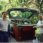 My father and I prepare to slide the AMI G-80 jukebox into my Volkswagen Passat.