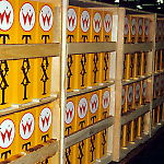Crates of Taxi backboxes at the Williams pinball factory