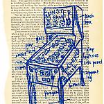 Diagram of Monster Bash pinball machine screen printed onto an old book page.